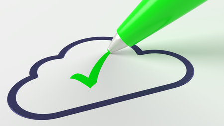 Green pen putting a checkmark in a dark cloud symbol cloud computing 3D illustration