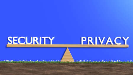 Wooden seesaw with security on one and privacy on the other side cybersecurity concept 3D illustrationの写真素材