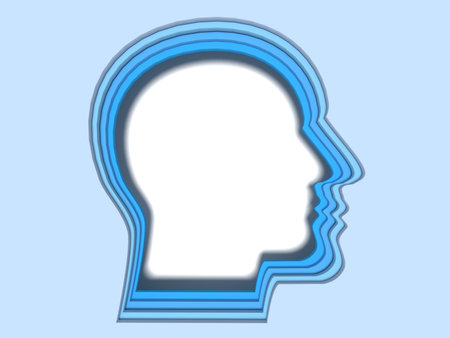 Four layers of blue head shapes papercut style deep learning concept 3D illustration