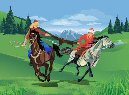 Young men ride a horse during the Nauryz holiday against the backdrop of a spring mountain landscape. Vector illustrationのイラスト素材