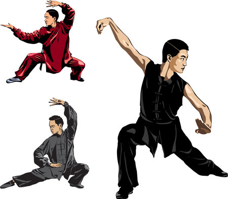 Wushu, kung fu, taekwondo. Men show posture fighting stance Wushu. Slow motion technique. Vector illustration.のイラスト素材