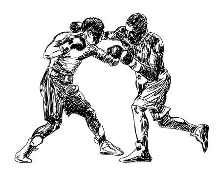 Boxing Boxers fight duel Isolated on a white background. Black and white graphics. Vector illustrationのイラスト素材