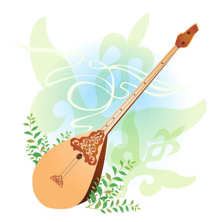 Postcard with Nauryz holiday. Dombra ornaments sprout with leaves. vector illustrationのイラスト素材