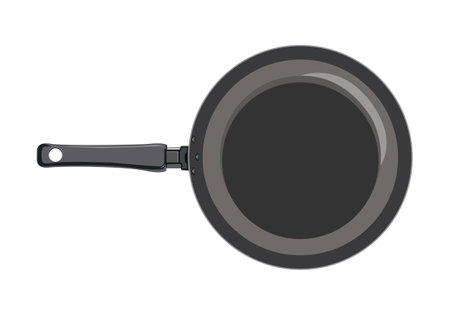 Black frying pan over white background.egg in a pan on a white background.Cooking with in a pan.のイラスト素材