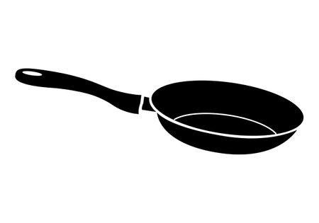 Black frying pan over white background.egg in a pan on a white background.Cooking with in a pan.のイラスト素材