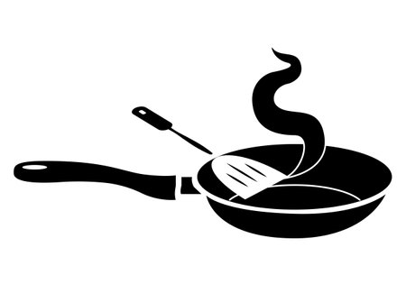 Black frying pan over white background.egg in a pan on a white background.Cooking with in a pan.のイラスト素材