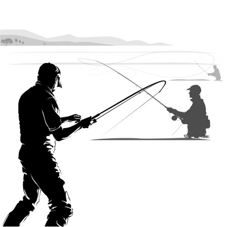 Fly fisherman fishing.graphic fly fishing.clip art black fishing on white background.flying eagle silhouette - Vectorのイラスト素材