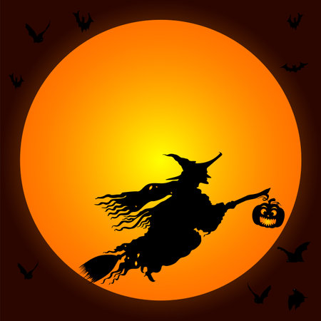 Witch flying on a broomstick.Halloween silhouette on white background vector illustrationのイラスト素材