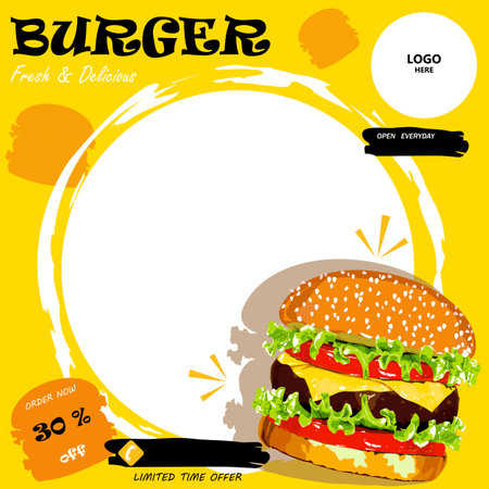 Fast food restaurant menu social media marketing web banner template design. burger and healthy food business online promotion flyer with abstract backgroundのイラスト素材