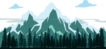 Vector illustration of a beautiful dark blue mountain landscape with fog and forest.のイラスト素材