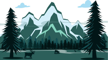 Vector illustration of a beautiful dark blue mountain landscape with fog and forest.backgroundのイラスト素材