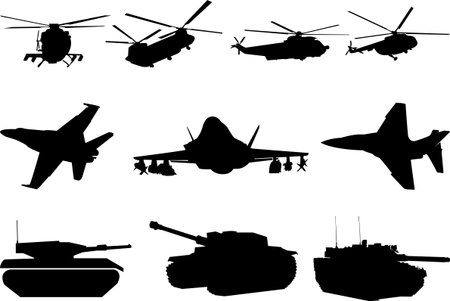 Vector illustration of black jet fighters on the white background.Military vector illustrations of aircraftのイラスト素材
