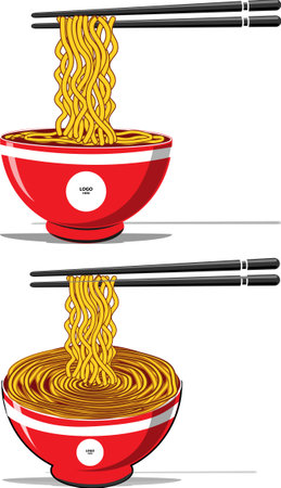 noodles on red bowl  on a white background. A pair of black chopsticks rests low over the bowl, positioned just above the surface of the soup, almost touching it. Several thick, wavy udon noodles are drapedのイラスト素材