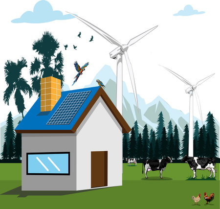 The house uses natural energy, wind turbines and solar panels, which are environmentally friendly with solar panels in the form of images.のイラスト素材