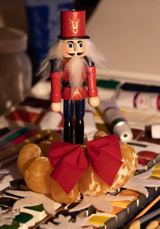 Christmas in the artist's studio among different kind of pencils, brushes and paintsの写真素材