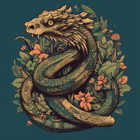 Vector illustration of a snake with flowers and leaves in vintage style.