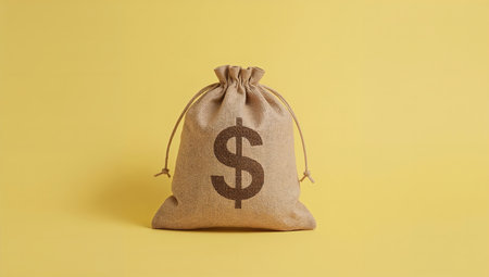 Money bag with dollar sign isolated on yellow background. Business concept.の素材