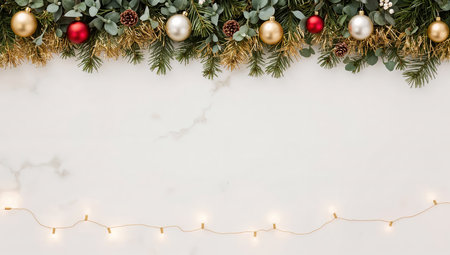 Christmas and New Year background with fir branches, red and gold baubles, pine cones, eucalyptus branches and garland lights. Flat lay, top view, copy spaceの素材