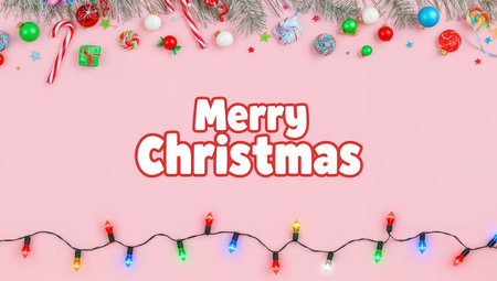 Christmas greeting card. Colorful Christmas lights, candy canes and fir branches on pink background. Top view, flat layの素材