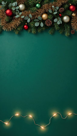 Christmas background with fir branches and garland lights on dark green backgroundの素材