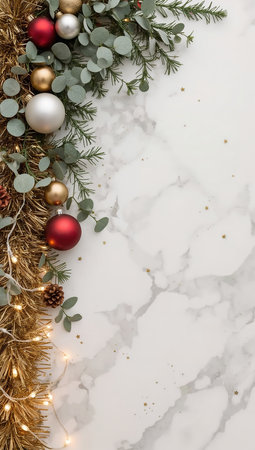 Christmas decoration on white marble background. Flat lay, top view.の素材