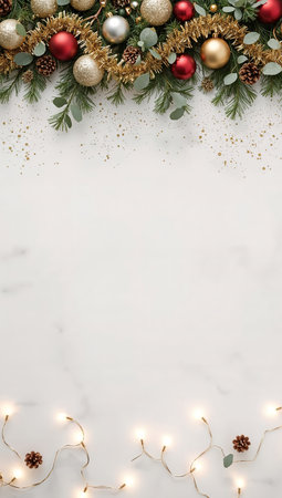 Christmas decorationle background with copy space. Top view, flat layの素材