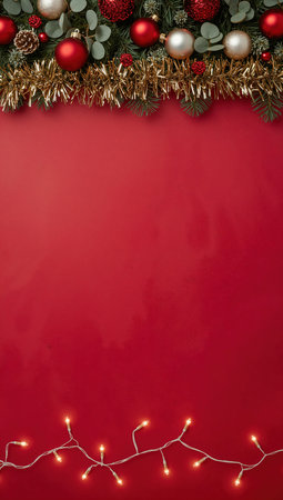 Christmas decoration on red background with copy space. Top view, flat layの素材