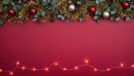Christmas decoration on red background with copy space. Top view, flat lay.の素材