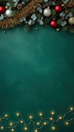Christmas background with green chalkboard and christmas decorations. Top view with copy spaceの素材