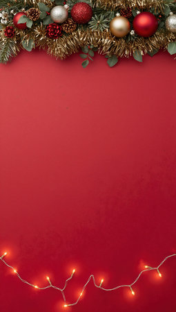 Christmas decoration on red background. Flat lay, top view, copy spaceの素材