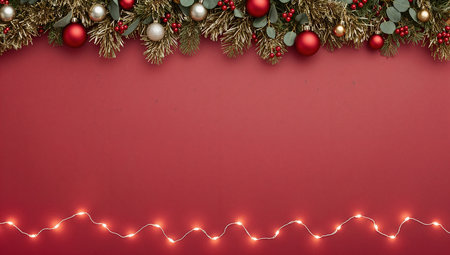 Christmas background with fir branches, red balls and garland on red backgroundの素材