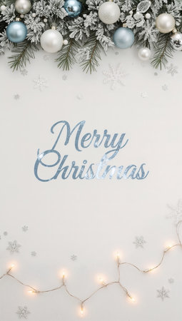 Christmas greeting card with fir tree branches and decoration on white background. Merry Christmas and Happy New Year!の素材