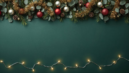Christmas background with garland and fir branches. Top view with copy spaceの素材