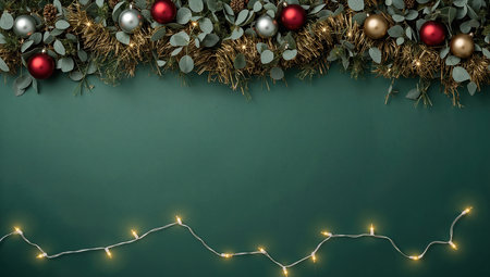 Christmas and New Year background with green fir branches, red and gold Christmas lights and copy space.の素材