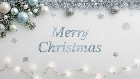Merry Christmas greeting card with silver and white decoration on white backgroundの素材