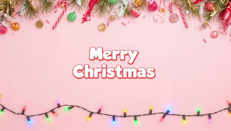 Christmas background with christmas lights and fir tree branches on pink backgroundの素材