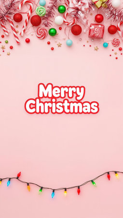 Christmas greeting card. Festive decoration on pink background. New Year concept. Copy space. Flat lay. Top view.の素材