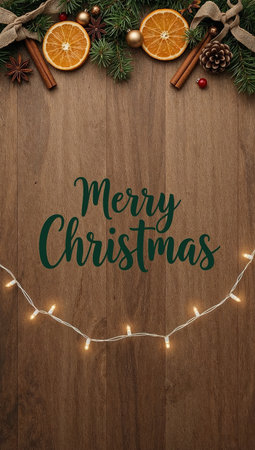 Merry Christmas lettering on wooden background with christmas lights and decorationsの素材