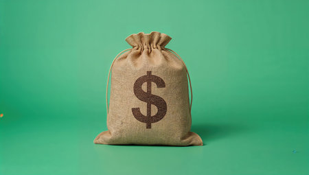 Money bag with dollar sign on a green background. Business concept.の素材