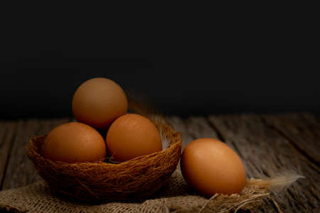 Still life-Eggs on nest arranged in a black scene, Food concept. Dark tone picture.の写真素材