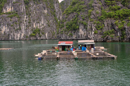 A floating fishing village in between the thousand islands of Halong Bay in Vietnamの写真素材