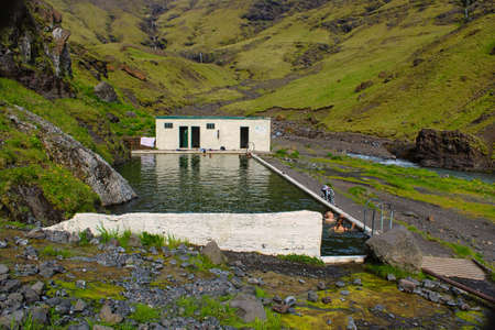 Seljavallalaug, the famous hidden swimming pool in the Icelandic highlandの写真素材