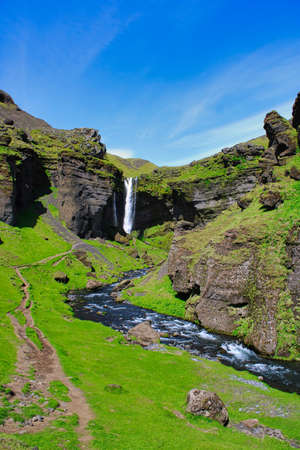 Around Kvernufoss waterfall, a hidden spot close to world famous Skogafoss in South Icelandの写真素材