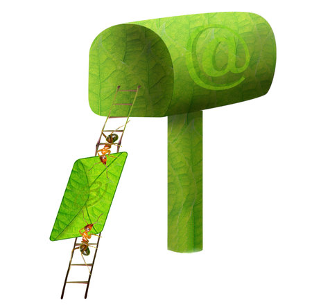 Ants Postman climb a ladder to send e-mail