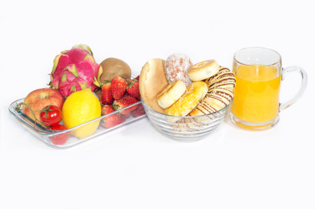 Many fresh fruits and bread, nutritious meals.