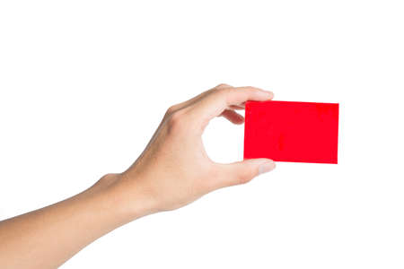Hand and red card isolated on whiteの写真素材