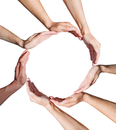 Conceptual symbol of  human hands making a circle on white background with a copy space in the middleの写真素材