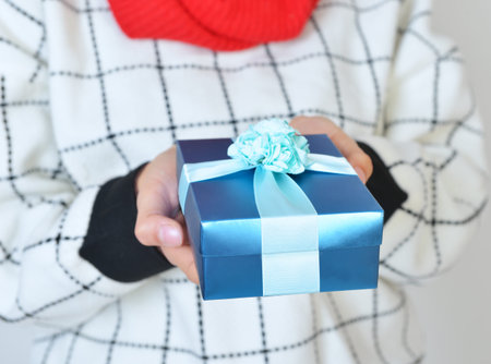 Hands holding beautiful gift box, female giving gift, Christmas holidays and greeting season...