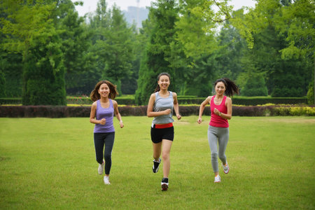 Three young woman jogging in the park early in the morningの写真素材