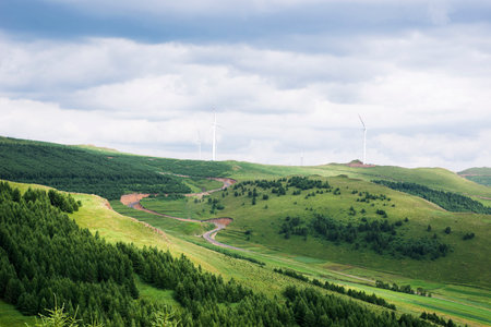 wind turbines on the hillside with forest in summerの写真素材